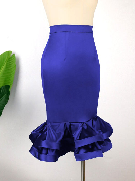 Blue High Waist Skirts Package Hip Ruffles Satin Knee Length Women Office Daily Party Cocktail Event Summer Silk Skirt 2023