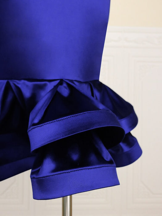 Blue High Waist Skirts Package Hip Ruffles Satin Knee Length Women Office Daily Party Cocktail Event Summer Silk Skirt 2023