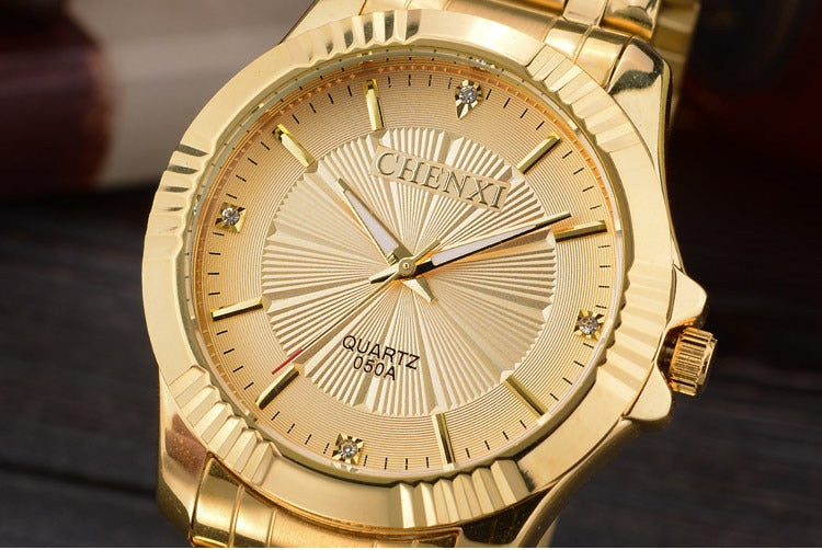 CHENXI Brand Classic Delicate Rhinestone Couple Lover Watches Fashion Luxury Gold Stainless Steel Men&amp;Women Watch Orologi Coppia