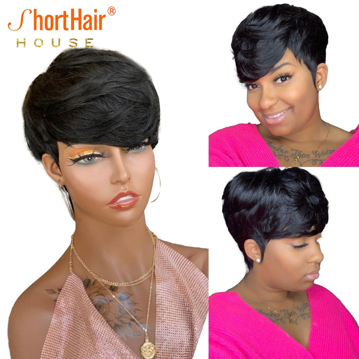 Short Pixie Cut Wig Wavy Wigs For Women Human Hair Wigs Bob With Bangs Wig Brazilian Hair Full Machine Made Wig Straight Bob Wig