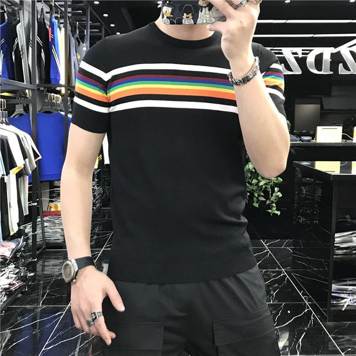 2022 Summer Men Stretched Tee Shirt Patchwork Color Stripe Knitted T Shirt Homme  Short Sleeve O-Neck Casual T-Shirt Streetwears