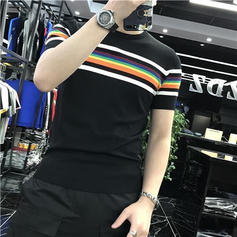 2022 Summer Men Stretched Tee Shirt Patchwork Color Stripe Knitted T Shirt Homme  Short Sleeve O-Neck Casual T-Shirt Streetwears