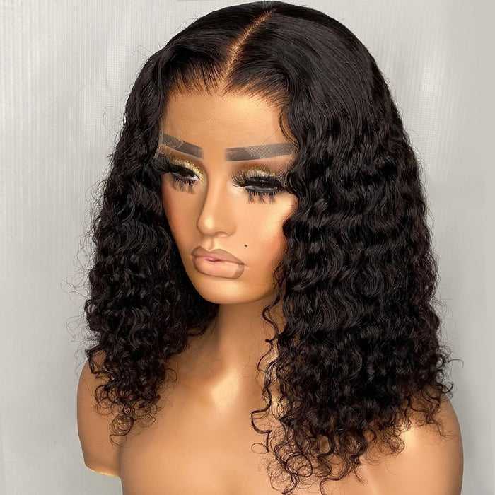 Human Hair Wigs For Women Brazilian Deep Wave Frontal Wig 180 Density Transparent T Part Lace Wig Jerry Curl Bob PrePlucked Remy
