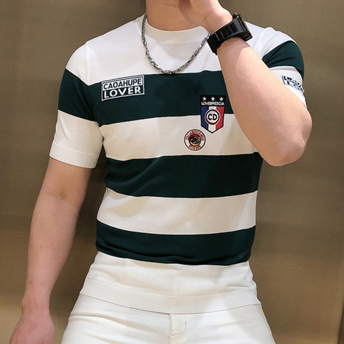 2022 Summer Men&#39;s Personalized Badge Embroidery Tees Slim Fit Stripe Ice Silk Short Sleeve Tshirt Tide Brand Round Neck Pullover