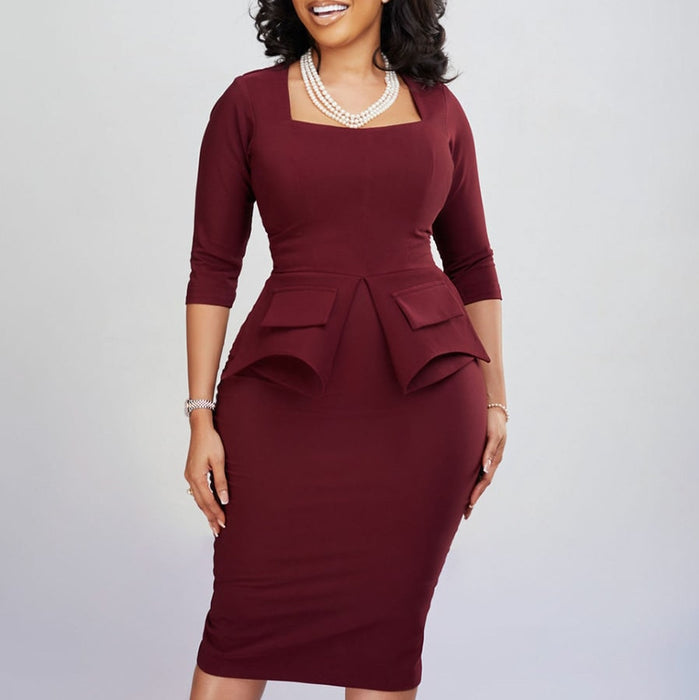 Business Bodycon Midi Dress Women Solid Square Collar 3/4 Sleeve Slim Fit Zipper Up Work Party Pencil Dress with Pocket